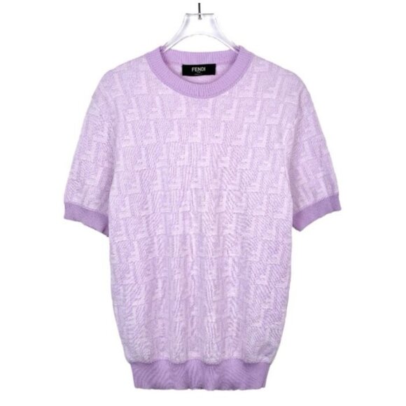 Fendi Purple Wool Knit Short Sleeve Logo Pullover Sweater Womens Size 46 - Picture 1 of 8